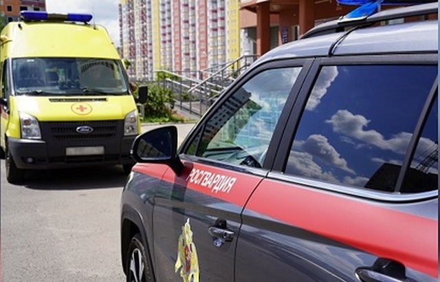 Сотрудники Росгвардии помогают эвакуировать женщину-инвалида с 16-го этажа многоэтажного дома в Курске после атаки беспилотников.